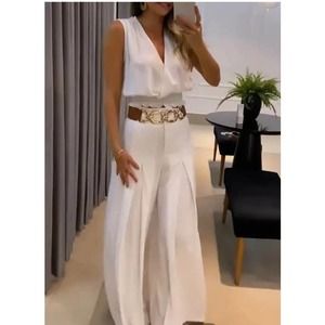 Chicme V-Neck Shirred Tank Top & Flared Pants Set